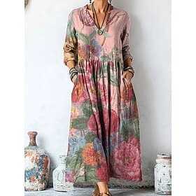 Damen Midikleid Shiftkleid Lässig Date Lässiger Schnitt Blumen Grafik Langarm V Ausschnitt Gelb Rosa Purpur Sommer Frühling