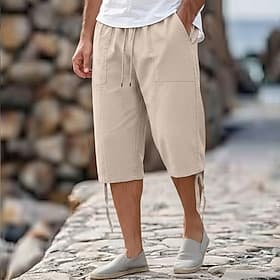 Herren Hose aus Baumwollleinen Caprihose Sommerhose Strandshorts Kordelzug Elastischer Bund Fronttasche Einfarbig Komfort Knielang Lässig Täglich Outdoor Urlau