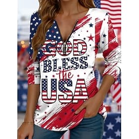 Independence Day American Anniversary Patriotic Women's T Shirt Graphic Flag Vintage Fashion Stylish Long Sleeve Crew Neck Regular Tops Daily Zipper Print Blue