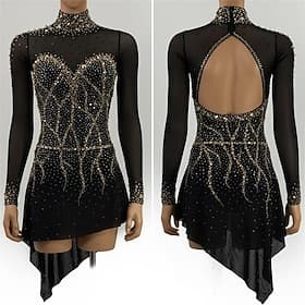 Figure Skating Dress Women's Ice Skating Dress Black Patchwork Open Back Stretchy Training Competition Skating Wear Classic Crystal / Rhinestone Long Sleeve Ic