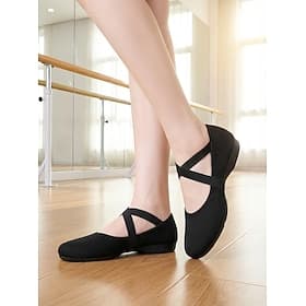 Women's Black Stretch Dance Practice Shoes, Cross-Strap Soft Sole Ballet Flats, Lightweight Training Shoes for Dancers and Studio Rehearsals