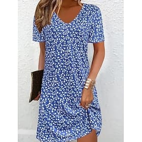 Damen Minikleid Sommerkleid T-Shirt-Kleid A Linie Kleid Urlaub Lässig Boho Strand Ausgehen Normale Passform Blumen Grafik Kurzarm V Ausschnitt Blau Rosa Rote G