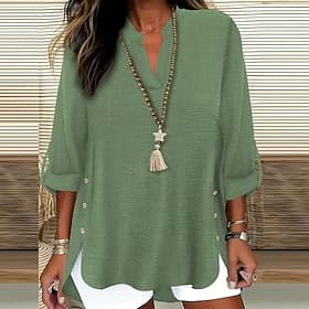 Damen Popover-Hemd Freizeithemd Bluse Einfarbig Elegant Urlaub Stilvoll Dreiviertelarm V Ausschnitt Normale Oberteile Arbeit Strand Ferien Blau Schwarz Weiß Ro