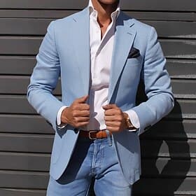Per uomo Giacca blazer Blazer di Lino Colletto ad incastro Leggero Casual Tinta unita Blazer Blazer in lino Azzurro cielo Verde salvia Vestibilità aderente Mon