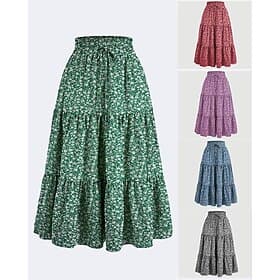 Women's Elegant Fashion Casual Maxi Mid Rise Skirts Floral Ruched Drawstring Micro-elastic Street Going out Blue Black Yellow Red Summer