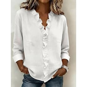 Femmes Chemisier A Volants Patchwork Couleur Unie Élégant Basique Occasionnel manche longue Col en V Hauts Réguliers Quotidien Noir Blanche Rose Claire Printem