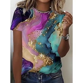 Damen T Shirt Druck Ombre Grafik Vintage Stilvoll Klassisch Kurzarm Rundhalsausschnitt Normale Oberteile Täglich Marineblau Königsblau Purpur Gold Grün Sommer