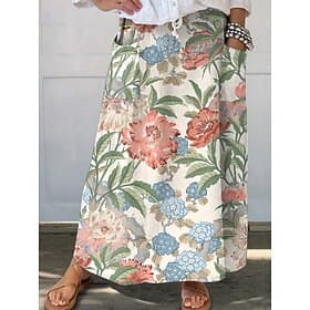 Women's Linen-feel Skirts Casual Maxi Mid Waist Skirts Floral Floral Inelastic Daily Vacation Brown Dark Blue WhiteBlue Beige Summer