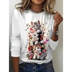 Dames T-shirt Afdrukken Bloemig Grafisch Kat Modieus Stijlvol Klassiek Lange mouw Strakke ronde hals Ronde hals Normale tops Dagelijks Kastanjebruin Wit Blozen