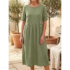 Damen Midikleid Baumwoll-Leinen-Kleider Shiftkleid Freizeitkleid Modern Täglich Outdoor Urlaub Lässiger Schnitt Einfach Ärmellos Rundhalsausschnitt Weiß Purpur