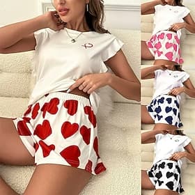 Damen Schlafanzug Set Lässig Komfort Herz Elastischer Bund Shorts Täglich Heim Kurzarm Rundhalsausschnitt Blau Schwarz Rosa Rote Sommer Frühling Normale Passfo