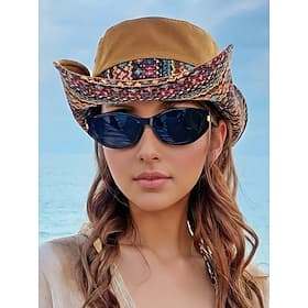 Women's Bohemian Western Cowboy Sun Hat, Lightweight Polyester Wide Brim UV Protection Cap, Multi-Color Outdoor Beach Vacation Hat for Spring Summer Travel, Ro