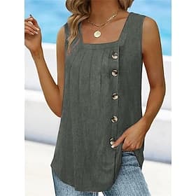 Women's Camisole Tank Top Sleeveless Round Neck Asymmetrical Button Side Solid Color Casual Summer Top Regular Fit Charcoal Green