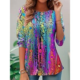 Women's T Shirt Print Ombre Graphic Abstract Fashion Stylish Classic Long Sleeve Crew Neck Round Neck Regular Tops Daily Weekend Blue Red Orange Summer Spring