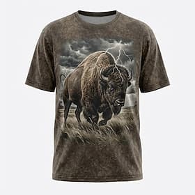 Bison Buffalo Lightning 3D Graphic T Shirt Mens Vintage Brown Wildlife Short Sleeve Tee Top Clothing Apparel S M L XL XXL XXXL