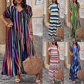 Women's Maxi long Dress Casual Dress T Shirt Dress Tee Dress A Line Dress Fashion Modern Daily Vacation Going out Loose Fit Striped Short Sleeve V Neck Blue Pi