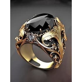 Vintage herenring in koninklijke stijl, gemaakt van legering met een zwarte edelsteen, perfect voor bruiloften en feesten.