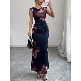 Damen Maxikleid Satinkleid Bodycon Blumenkleid Druckkleid Elegant Mode Modern Outdoor Urlaub Party Normale Passform Blumen Ärmellos Rundhalsausschnitt Marinebl