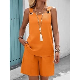 Women's Shorts Sets Bolero Top Sleeveless Round Neck Plain Fashion Streetwear Casual Daily Outdoor Blue Black Red Summer Regular Fit