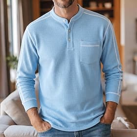Herren Waffel T-Shirt T Shirt Waffel-Henley-Hemd Langarm Henley Sommer Frühling Herbst Ganzjahres Einfarbig Texture Lässig Taschen Lässig Heim Outdoor Blau Ro