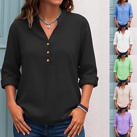 Damen Bluse Knöpfe Einfarbig Täglich Stilvoll Lässig Langarm V Ausschnitt Normale Oberteile Täglich Schwarz Weiß Purpur Grün Frühling Herbst