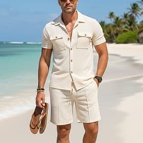 Homme Deux pièces Ensemble Chemise Ensemble été Et Set Uni Occasionnel Quotidien Vacances Col Manche Courte Pantalon Court Été Mode Occasionnel Confortable Vêt