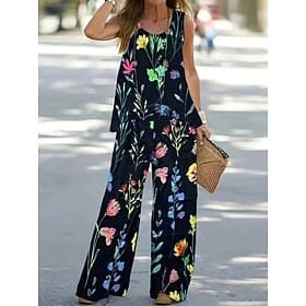 Women's Pants Sets Sleeveless Round Neck U Neck Floral Graphic Vacation Daily Casual Daily Black Spring Summer Regular Fit
