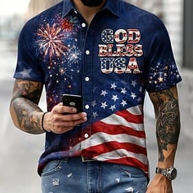 Men's 4th of July U.S. 250th Anniversary Statue Of Liberty US Flag Shirt Western Shirt Button Up Shirt Short Sleeve Patriotic Holiday Summer Spring Turndown 3D