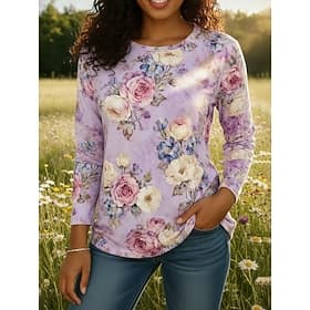Women's Boho Shirt T Shirt Print Floral Graphic Bohemia Vintage Classic Long Sleeve Crew Neck Regular Tops Daily Weekend Vacation Wear Purple Summer Spring Fal