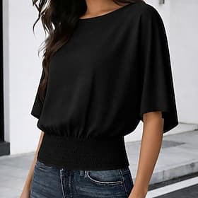 Women's T Shirt Tee Smocked Waist Solid Color Stylish Casual Short Sleeve Batwing Sleeve Crew Neck Round Neck Regular Tops Daily Going out Black White Green Co
