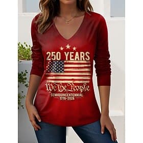 Independence Day American Anniversary Patriotic Women's T Shirt Print Graphic American Flag Vintage Stylish Casual Long Sleeve V Neck Regular Tops Daily Weeken