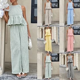 Femmes Ensembles de Pantalons Haut boléro Sans manches Col ras du cou Plaid A Volants Mode Streetwear Occasionnel Quotidien Extérieur Bleu Noir Jaune Été Coupe