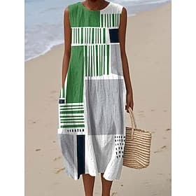 Damen Midikleid Shiftkleid Sommerkleid A Linie Kleid Urlaub Lässig Boho Strand Ausgehen Lässiger Schnitt Grafik Geometrisch Ärmellos Rundhalsausschnitt Purpur