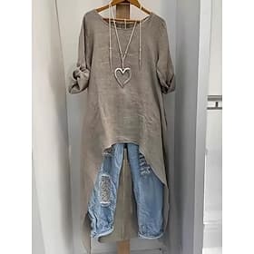 Women's Blouse Faux Linen Shirt Asymmetric Hem Solid Color Stylish Casual Long Sleeve Crew Neck Long Tops Daily White Apricot Gray Summer Spring Fall