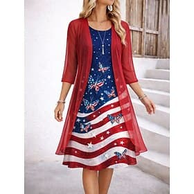 Independence Day PatrioticWomen's Dress Set A Line Dress Elegant Vacation Graphic Flag Layered Print Midi Dress Half Sleeve Crew Neck Daily Blue White Red Summ