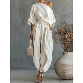Femmes Ensembles en coton et lin Ensembles de Pantalons boléro manche longue Épaules Dénudées Uni Froncé Patchwork Élégant Mode Streetwear Occasionnel Quotidie