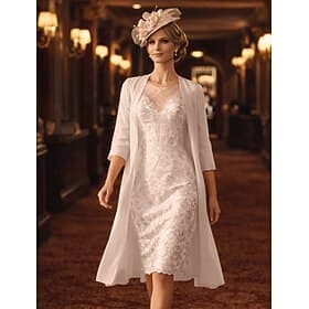 Two Piece Sheath Column Knee Length Wedding Guest Dress Mother of the Bride Dress 3/4 Length Sleeve Jewel Neck Elegant Formal Wedding Guest Church Chiffon Lace