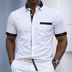 Herren Hemd Kleidhemd Knopfhemd Farbblock Täglich Geschäft Schwarz Weiß Kurzarm Umlegekragen Sommer Bekleidung Patchwork