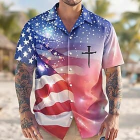 Herren 250. Jahrestag des Unabhängigkeitstages der USA am 4. Juli Kreuz US Flagge Hemd Kuba-Kragen-Hemd Knopfhemd Kurzarm Patriotisch Ferien Sommer Frühling He