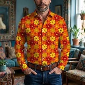 Retro Vintage 1970er Hemd Aloha-Hemd langarm Hippie Blumen Kostüm Herren Maskerade Musikfestival Party Alltagskleidung Erwachsene Hemd