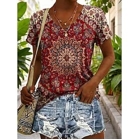 Women's T Shirt Print Graphic Geometric Vintage Stylish Classic Short Sleeve V Neck Long Tops Daily Red Purple Summer Spring