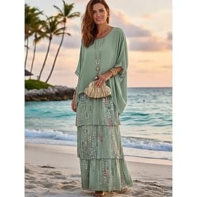 Mujer Vestido maxi Vestido de cambio Vestido de verano Vestido de volante Casual Diario Ajuste regular Plano Manga 3/4 Escote en Pico Verde Trébol Verano Prima