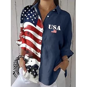 American Independence Day Women's Shirt Ruched Floral Graphic Flag Vintage Stylish Long Sleeve Flutter Sleeve Bell Sleeve Shirt Collar Regular Tops Daily Work