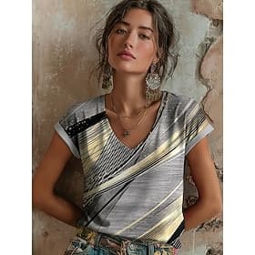 Femmes T-shirt Imprimé Graphique Géométrique Bohème ancien Occasionnel Manche Courte Col en V Hauts Réguliers Quotidien bleu marine Gris Clair Gris Été Printem