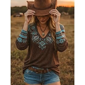 Damen T Shirt Druck Blumen Grafik Pflanzen Vintage Stilvoll Klassisch Langarm V Ausschnitt Normale Oberteile Täglich Wochenende Strandbekleidung Dunkelbraun So