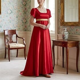 19th Century Regency Period Ankle Length Dress Short Sleeves Princess Gentlewoman Noblewoman Solid Color Square Neck Fancy Dress Women's Royal Halloween Carniv