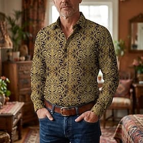 Retro Vintage 1970s Shirt Aloha Shirt Long Sleeves Hippie Geometric Fancy Dress Men's Masquerade Music Festival Party Daily Wear Adults' Shirt