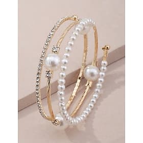 Women's Faux Pearl Alloy Triple Layer Bracelet Set, Gold Silver Stackable Bangles with Elegant Beads and Crystal Accents, Vintage Bridal Jewelry for Wedding,