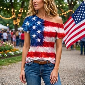 250th Anniversary USA Retro Vintage 1980s T-shirt One Shoulder Short Sleeves USA Flag Fancy Dress Women's 4th of July Independence Day Adults' T-shirt