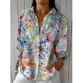 Women's Shirt Ruched Floral Graphic Elegant Vacation Stylish Long Sleeve Shirt Collar Regular Tops Daily Work Holiday Light Blue Summer Spring